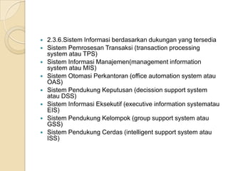  2.3.6.Sistem Informasi berdasarkan dukungan yang tersedia
 Sistem Pemrosesan Transaksi (transaction processing
system atau TPS)
 Sistem Informasi Manajemen(management information
system atau MIS)
 Sistem Otomasi Perkantoran (office automation system atau
OAS)
 Sistem Pendukung Keputusan (decission support system
atau DSS)
 Sistem Informasi Eksekutif (executive information systematau
EIS)
 Sistem Pendukung Kelompok (group support system atau
GSS)
 Sistem Pendukung Cerdas (intelligent support system atau
ISS)
 