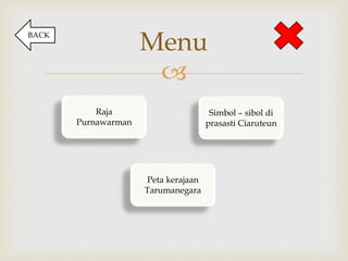 
Menu
Raja
Purnawarman
Simbol – sibol di
prasasti Ciaruteun
Peta kerajaan
Tarumanegara
BACK