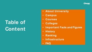 Table of
Content
• About University
• Campus
• Courses
• Colleges
• Important Facts and Figures
• History
• Ranking
• Infrastructure
• FAQ
 
