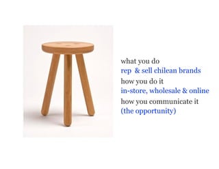 what you do
rep & sell chilean brands
how you do it
in-store, wholesale & online
how you communicate it
(the opportunity)
 
