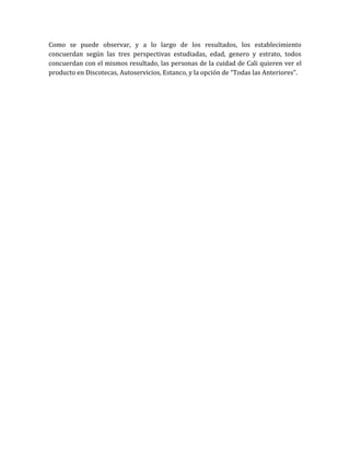 Como se puede observar, y a lo largo de los resultados, los establecimiento
concuerdan según las tres perspectivas estudiadas, edad, genero y estrato, todos
concuerdan con el mismos resultado, las personas de la cuidad de Cali quieren ver el
producto en Discotecas, Autoservicios, Estanco, y la opción de “Todas las Anteriores”.
 