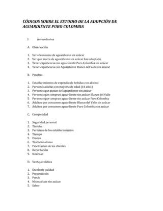 CÓDIGOS SOBRE EL ESTUDIO DE LA ADOPCIÓN DE
AGUARDIENTE PURO COLOMBIA

  I.      Antecedentes

  A. Observación

  1.   Ver el consumo de aguardiente sin azúcar
  2.   Ver que marca de aguardiente sin azúcar han adoptado
  3.   Tener experiencia con aguardiente Puro Colombia sin azúcar
  4.   Tener experiencia con Aguardiente Blanco del Valle sin azúcar

  B. Pruebas

  1.   Establecimientos de expendio de bebidas con alcohol
  2.   Personas adultas con mayoría de edad (18 años)
  3.   Personas que gustan del aguardiente sin azúcar
  4.   Personas que compran aguardiente sin azúcar Blanco del Valle
  5.   Personas que compran aguardiente sin azúcar Puro Colombia
  6.   Adultos que consumen aguardiente Blanco del Valle sin azúcar
  7.   Adultos que consumen aguardiente Puro Colombia sin azúcar

  C. Complejidad

  1.   Seguridad personal
  2.   Timidez
  3.   Permisos de los establecimientos
  4.   Tiempo
  5.   Dinero
  6.   Tradicionalismo
  7.   Fidelización de los clientes
  8.   Recordación
  9.   Novedad

  D. Ventaja relativa

  1.   Excelente calidad
  2.   Presentación
  3.   Precio
  4.   Misma clase sin azúcar
  5.   Sabor
 