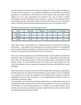 La edad de inicio del consumo de alcohol es alrededor de 16 años entre los hombres y
17 años entre las mujeres, si se considera la mediana como indicador. En términos
generales, se encuentra que 25% (percentil 25) de quienes han consumido alcohol
alguna vez en la vida, consumieron por primera vez a los 15 años o menos,
observándose un año de diferencia entre hombres y mujeres. 75% (percentil 75) de
los hombres que han consumido alcohol lo hicieron por primera vez a los 18 años o
antes, y 75% de la mujeres tomaron alcohol por primera vez a los 20 años o antes.

Edad de inicio del consumo de alcohol según el sexo




Estos datos fueron recolectados por el estudio nacional de consumo de sustancias
psicoactivas, antecedentes muy importantes que lograron enfocar la investigación
para así poder plantear los objetivos realizados en las entrevistas que se realizaron el
viernes 24 de agosto de 2012 en Mercasur de la 66 y licores jr .

Como ya se sabe la organización puro Colombia brinda a todo el público sus diferentes
productos como el aguardiente sin azúcar, Ron añejo y Aguardiente tradicional que
hasta ahora se están conociendo en el valle, esta organización a demostrado un gran
interés, ofrecer un reconocimiento tanto de la marca como del producto por esta
razón cabe destacar como se maneja la competencia de blanco del valle frente a puro
Colombia.

Noticia que salió el día lunes 9 de julio del 2012, habla sobre el papel que juega blanco
del valle dentro de los límites del departamento ya que surgió un nuevo competidor
en su propia casa. Se trata de aguardiente puro Colombia que produce la industria
colombiana de licores, ICL pues gracias a un encadenamiento de fábrica vende sus
productos en la misma región.
 Se presentaron varios permisos pertinentes firmados por el gobernador quien fue el
encargado del valle durante el mes de abril. Este producto se envasa en la planta de
casa Grajales al norte del departamento y se venden en los supermercados de las
tiendas, estancos, bares, discotecas de toda la región incluso al casi al mismo precio
que brinda aguardiente blanco del valle.
 