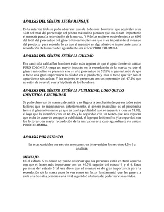 ANALISIS DEL GÉNERO SEGÚN MENSAJE

En la anterior tabla se pudo observar que de 6 de esos hombres que equivalen a un
40.0 del total del porcentaje del género masculino piensan que no es tan importante
el mensaje para la recordación de la marca, Y 9 de las mujeres equivalentes a un 60.0
del total del porcentaje del género femenino piensan que si es importante el mensaje
del producto para recordarlo ya que el mensaje es algo alusivo e importante para la
recordación de la marca del aguardiente sin azúcar PURO COLOMBIA.

ANALISIS DEL GÉNERO SEGÚN LA CALIDAD

En cuanto a la calidad los hombres están más seguros de que el aguardiente sin azúcar
PURO COLOMBIA tenga un mayor impacto en la recordación de la marca, ya que el
género masculino se presenta con un alto porcentaje de 52.8% argumentando de que
si tiene una gran importancia la calidad en el producto y más si tiene que ver con el
aguardiente sin azúcar. Y las mujeres se presentan con un porcentaje del 47.2% que
no están de acuerdo con la hipótesis de los hombres.

ANALISIS DEL GÉNERO SEGÚN LA PUBLICIDAD, LOGO QUE LO
IDENTIFICA Y SEGURIDAD

Se pudo observar de manera detenida y se llego a la conclusión de que en todos estos
factores que se mencionaron anteriormente, el género masculino es el predomina
frente al género femenino ya que en que la publicidad que se encuentra con un 53.8%,
el logo que lo identifica con un 64.3% y la seguridad con un 60.6% que nos explican
que están de acuerdo con que la publicidad, el logo que lo identifica y la seguridad son
los factores con mayor recordación de la marca, en este caso aguardiente sin azúcar
PURO COLOMBIA.


ANALISIS POR ESTRATO

    En estas variables por estrato se encuentran intervenidos los estratos 4,5 y 6 a
                                        analizar.

MENSAJE:
En el estrato 5 es donde se puede observar que las personas están en total acuerdo
con que el factor más importante con un 46.7% seguido del estrato 6 y el 4. Estas
personas del estrato 5 tal vez dicen que el mensaje es de gran importancia para la
recordación de la marca pues lo ven como un factor fundamental que les genera a
cada una de estas personas una total seguridad a la hora de poder ser consumidos.
 