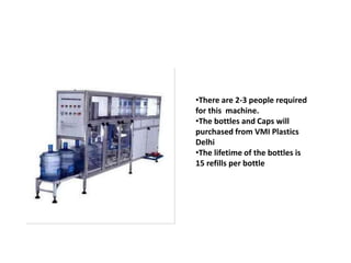 •There are 2-3 people required
for this machine.
•The bottles and Caps will
purchased from VMI Plastics
Delhi
•The lifetime of the bottles is
15 refills per bottle
 