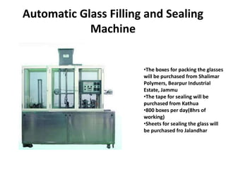 Automatic Glass Filling and Sealing
Machine
•The boxes for packing the glasses
will be purchased from Shalimar
Polymers, Bearpur Industrial
Estate, Jammu
•The tape for sealing will be
purchased from Kathua
•800 boxes per day(8hrs of
working)
•Sheets for sealing the glass will
be purchased fro Jalandhar
 