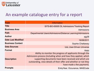 An example catalogue entry for a report
Field                                          Information
Title                                  SITS-BO-00005 DL Admissions Tracking Report
Business Area                                                             Admissions
Path                    Departmental UsersAdmissionsDistance LearningAdmissions
Author                                                                          ajg38
Date Last Modified                                                         16/06/2011
Business Contact                                                    Sophie Chattaway
Data Sources                                                 UoL User-Driven Universe
Format                                                                          Webi
                             Ability to monitor the progress of applicants through the
                     Admissions process (including when and how they applied, which
Description                 supporting documents have been received and which are
                      outstanding, view details of their offer and whether or not they
                                                            have made a fee payment).
Prompts                                              EntryYear, Occurance, MASCode
 