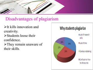 Disadvantages of plagiarism
It kills innovation and
creativity.
Students loose their
confidence.
They remain unaware of
their skills.
 
