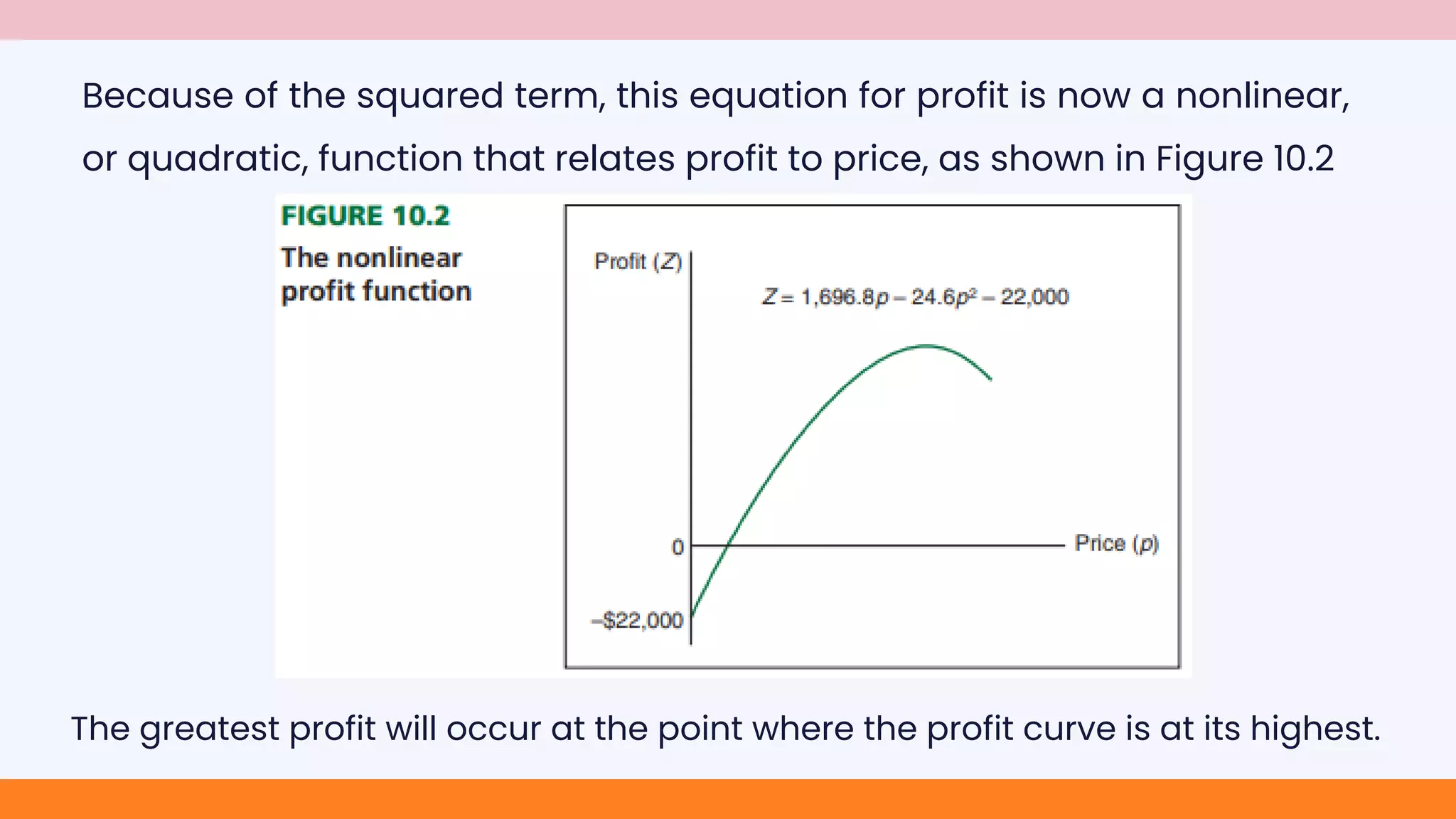 Because of the squared term, this equation for profit is now a nonlinear,
or quadratic, function that relates profit to price, as shown in Figure 10.2
The greatest profit will occur at the point where the profit curve is at its highest.
 
