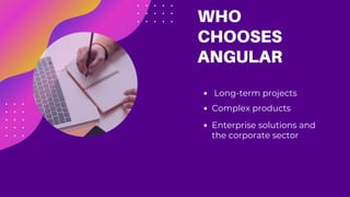 Enterprise solutions and
the corporate sector
Long-term projects
WHO
CHOOSES
ANGULAR
Complex products
 