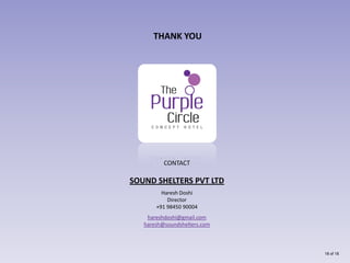 THANK YOU




          CONTACT

SOUND SHELTERS PVT LTD
         Haresh Doshi
           Director
       +91 98450 90004
    hareshdoshi@gmail.com
   haresh@soundshelters.com



                              18 of 18
 