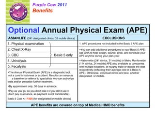Purple Cow  2011 Benefits   +You can add additional procedures to your Basic 5 APE: call GRA to help design, source, price, and schedule your APE anytime during your plan year. +Nationwide (241 clinics, 31 mobile) or Metro Manila-wide (114 clinics, 24 mobile) APE also available to companies with multiple locations, at roughly triple or double the cost respectively (reflecting their average cost of a Basic 5 APE). Otherwise, individual clinics are best, whether designated  or mobile.  EXCLUSIONS ASIANLIFE  (241 designated clinics, 31 mobile clinics)  APE benefits are covered on top of Medical HMO benefits +The Annual Physical Exam (APE) is a diagnostic tool,  not a cure for sickness or accident. Results can serve as  a baseline for referral to specialists who can authorize tests and/or prescribe further treatment.  +By appointment only, 30 days in advance.  +Pay as you go, so you don’t lose it if you don’t use it  (don’t pay in advance, as payment is not transferable). Basic 5 Cost +/-  P300  (for designated or mobile clinics). 5. Fecalysis 4. Urinalysis 3. CBC  Basic 5 only 2. Chest X-Ray 1. APE procedures not included in the Basic 5 APE plan 1. Physical examination Optional  Annual Physical Exam (APE)  