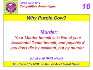 Murder : Your Murder benefit is in lieu of your Accidental Death benefit, and payable if  you don’t die by accident, but by murder.   (Unlike all HMO plans) Murder = 10x MBL, in lieu of Accidental Death 16 Why Purple Cow? Purple Cow  2012 Competitive Advantages 