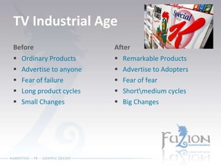TV Industrial Age Before Ordinary Products Advertise to anyone Fear of failure Long product cycles Small Changes After Remarkable Products Advertise to Adopters Fear of fear Short\medium cycles Big Changes 