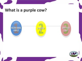 What is a purple cow?


   REMARK       UNIQU   DIFFER
    ABLE          E      ENT
 