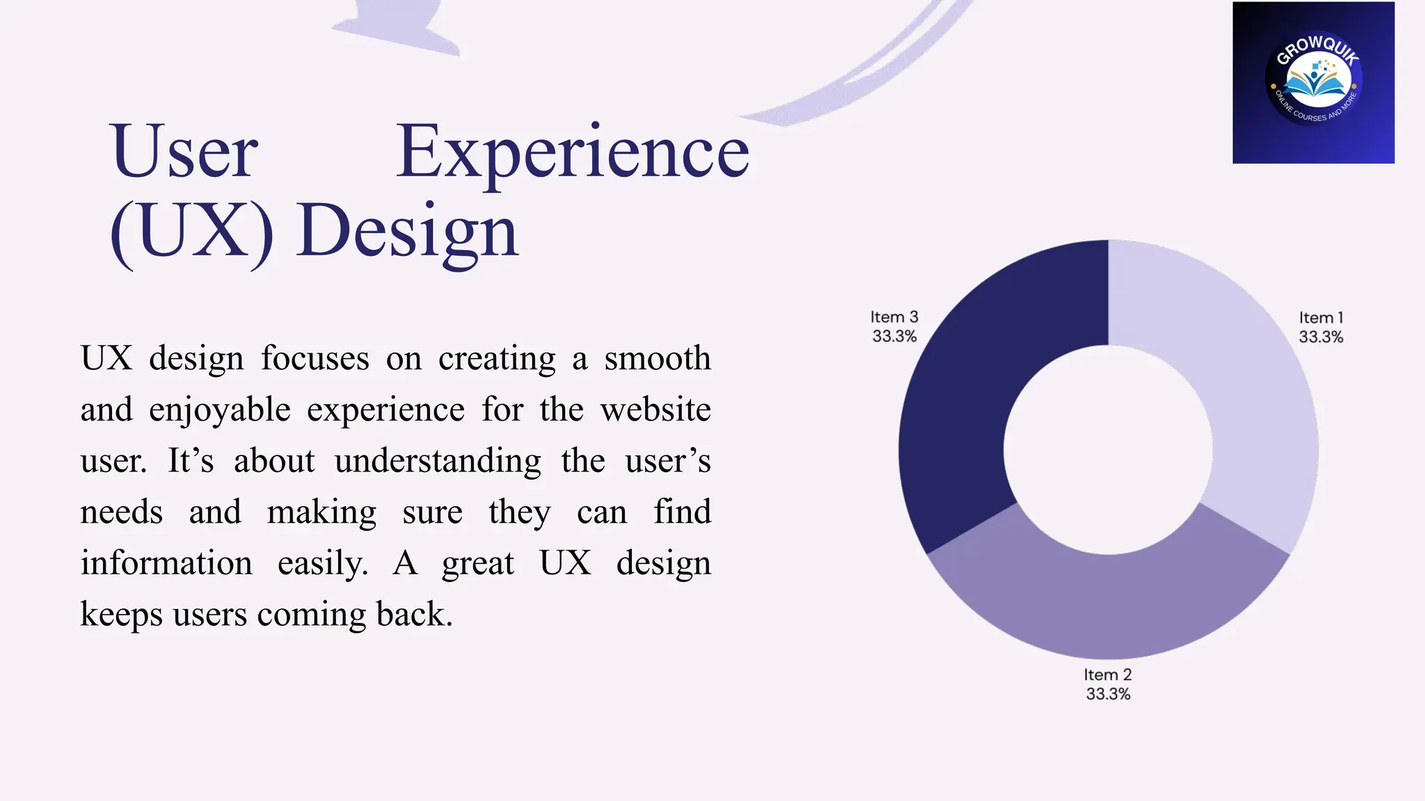 User Experience
(UX) Design
UX design focuses on creating a smooth
and enjoyable experience for the website
user. It’s about understanding the user’s
needs and making sure they can find
information easily. A great UX design
keeps users coming back.
 