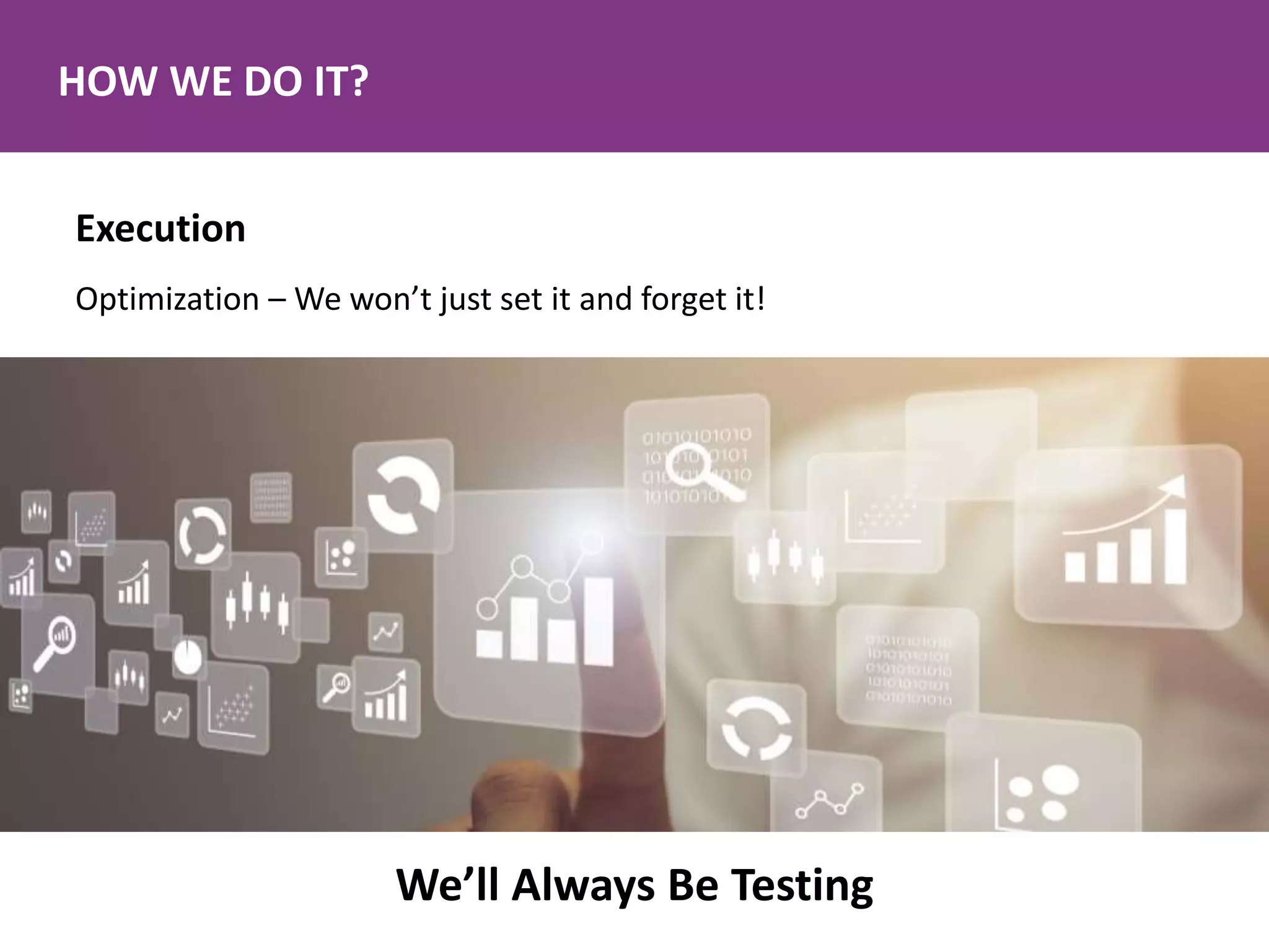 HOW WE DO IT?
Execution
Optimization – We won’t just set it and forget it!
We’ll Always Be Testing
 