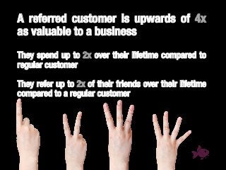 A referred customer is upwards of 4x
as valuable to a business!
!
They spend up to 2x over their lifetime compared to
regular customer!
!
They refer up to 2x of their friends over their lifetime
compared to a regular customer!

 