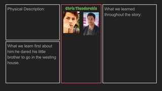 Physical Description:
What we learn first about
him:he dared his little
brother to go in the westing
house.
What we learned
throughout the story:
ChrisTheodorakis
 