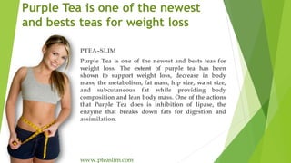 Purple Tea is one of the newest
and bests teas for weight loss
PTEA–SLIM
Purple Tea is one of the newest and bests teas for
weight loss. The extent of purple tea has been
shown to support weight loss, decrease in body
mass, the metabolism, fat mass, hip size, waist size,
and subcutaneous fat while providing body
composition and lean body mass. One of the actions
that Purple Tea does is inhibition of lipase, the
enzyme that breaks down fats for digestion and
assimilation.
www.pteaslim.com
 