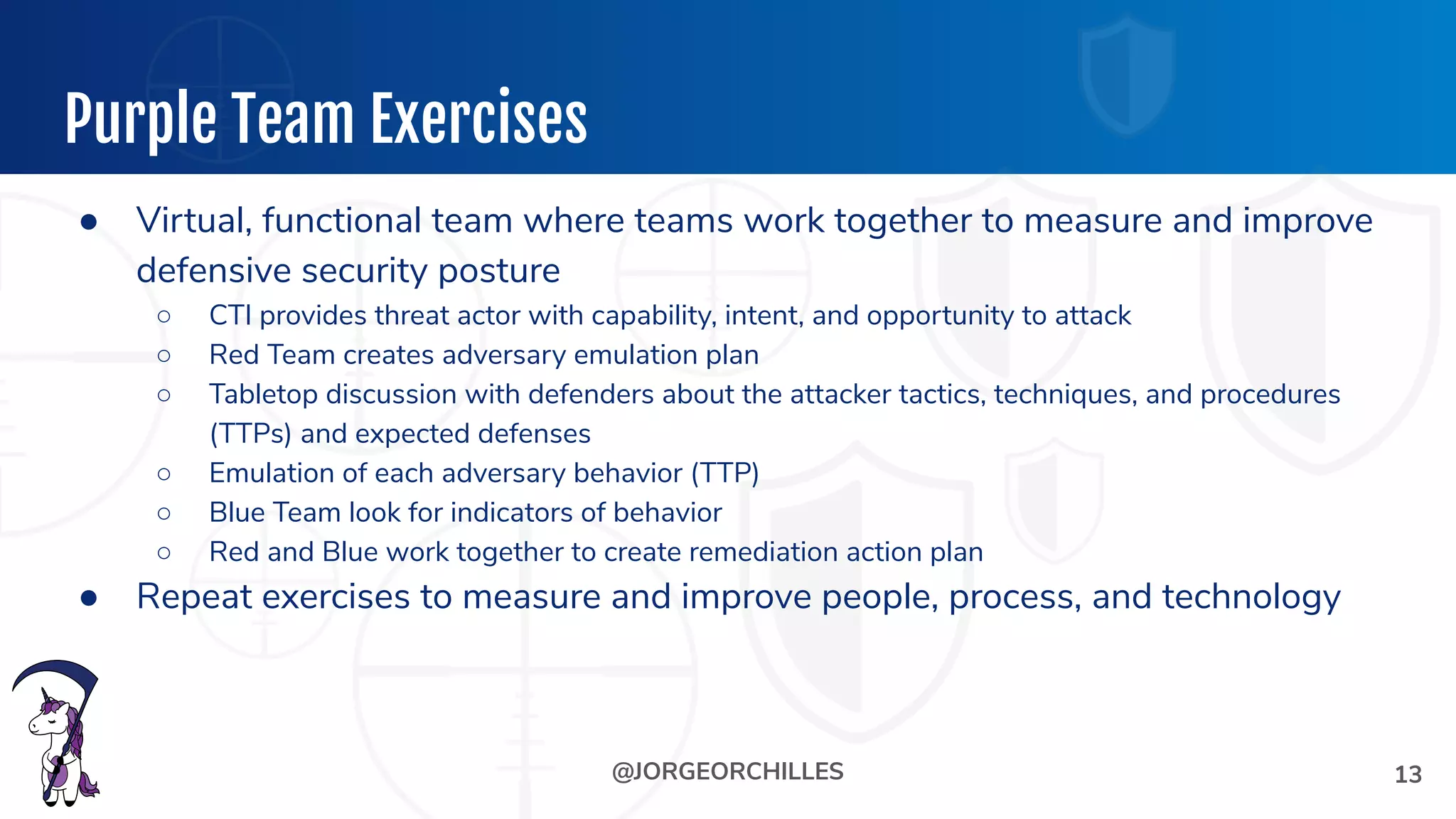 @JORGEORCHILLES
Purple Team Exercises
13
● Virtual, functional team where teams work together to measure and improve
defensive security posture
○ CTI provides threat actor with capability, intent, and opportunity to attack
○ Red Team creates adversary emulation plan
○ Tabletop discussion with defenders about the attacker tactics, techniques, and procedures
(TTPs) and expected defenses
○ Emulation of each adversary behavior (TTP)
○ Blue Team look for indicators of behavior
○ Red and Blue work together to create remediation action plan
● Repeat exercises to measure and improve people, process, and technology
 