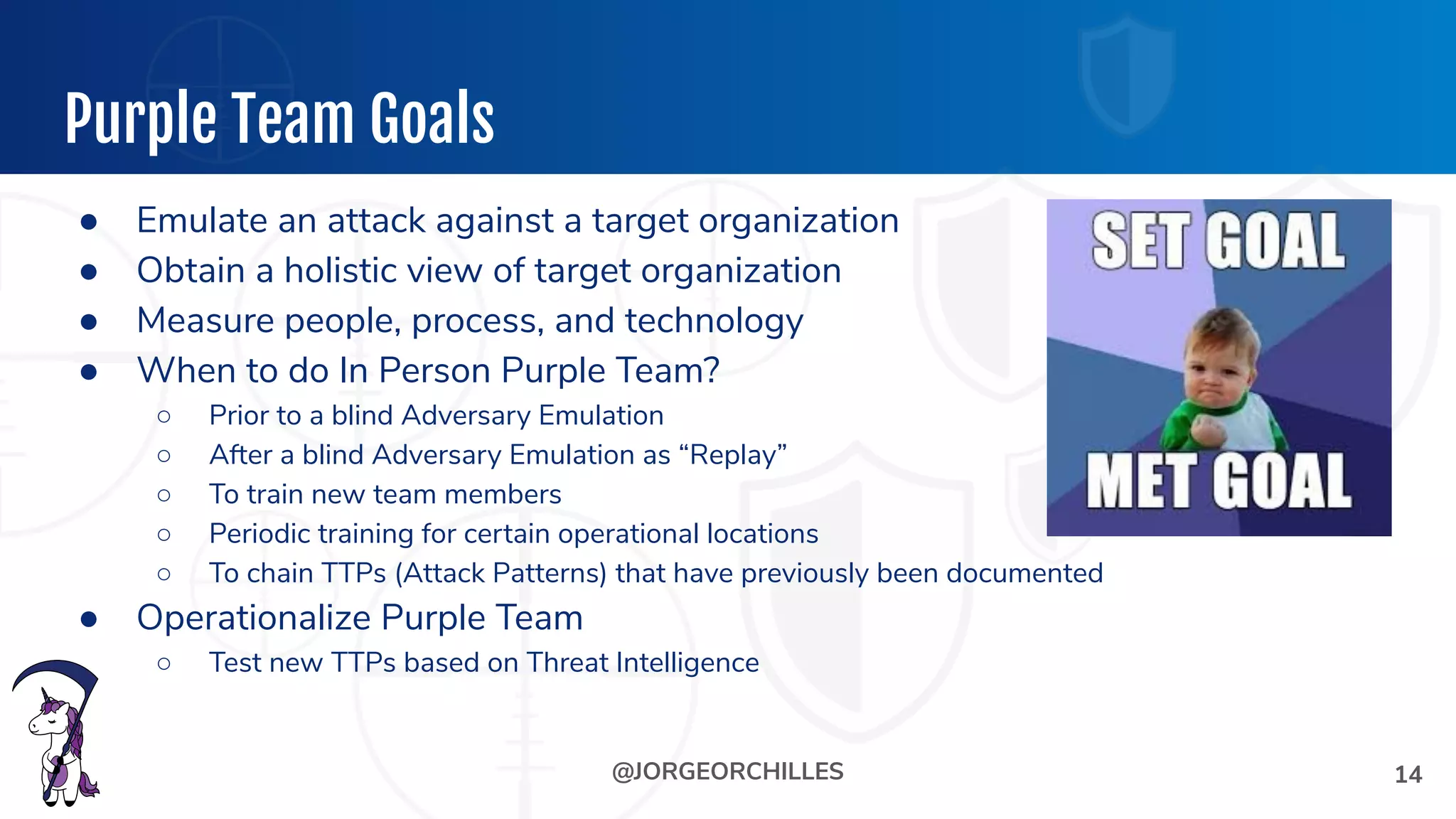 @JORGEORCHILLES
Purple Team Goals
● Emulate an attack against a target organization
● Obtain a holistic view of target organization
● Measure people, process, and technology
● When to do In Person Purple Team?
○ Prior to a blind Adversary Emulation
○ After a blind Adversary Emulation as “Replay”
○ To train new team members
○ Periodic training for certain operational locations
○ To chain TTPs (Attack Patterns) that have previously been documented
● Operationalize Purple Team
○ Test new TTPs based on Threat Intelligence
14
 