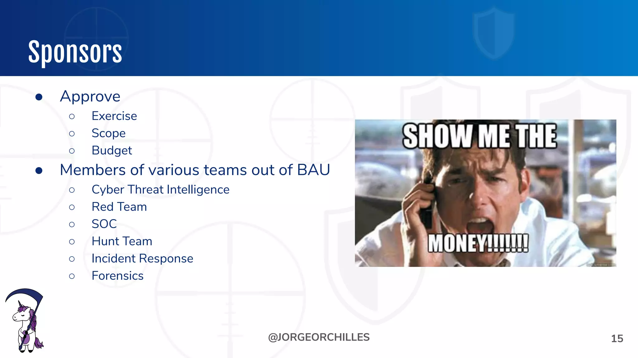 @JORGEORCHILLES
Sponsors
● Approve
○ Exercise
○ Scope
○ Budget
● Members of various teams out of BAU
○ Cyber Threat Intelligence
○ Red Team
○ SOC
○ Hunt Team
○ Incident Response
○ Forensics
15
 