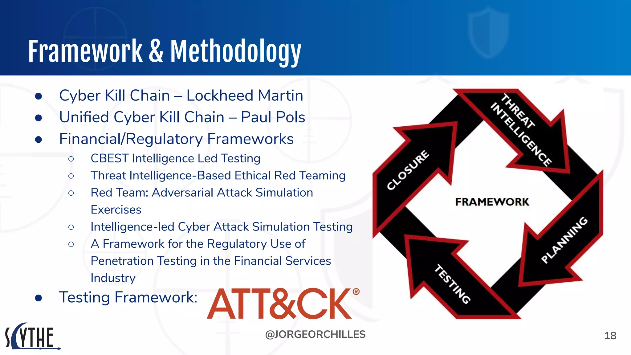 @JORGEORCHILLES
Framework & Methodology
18
● Cyber Kill Chain – Lockheed Martin
● Uniﬁed Cyber Kill Chain – Paul Pols
● Financial/Regulatory Frameworks
○ CBEST Intelligence Led Testing
○ Threat Intelligence-Based Ethical Red Teaming
○ Red Team: Adversarial Attack Simulation
Exercises
○ Intelligence-led Cyber Attack Simulation Testing
○ A Framework for the Regulatory Use of
Penetration Testing in the Financial Services
Industry
● Testing Framework:
 