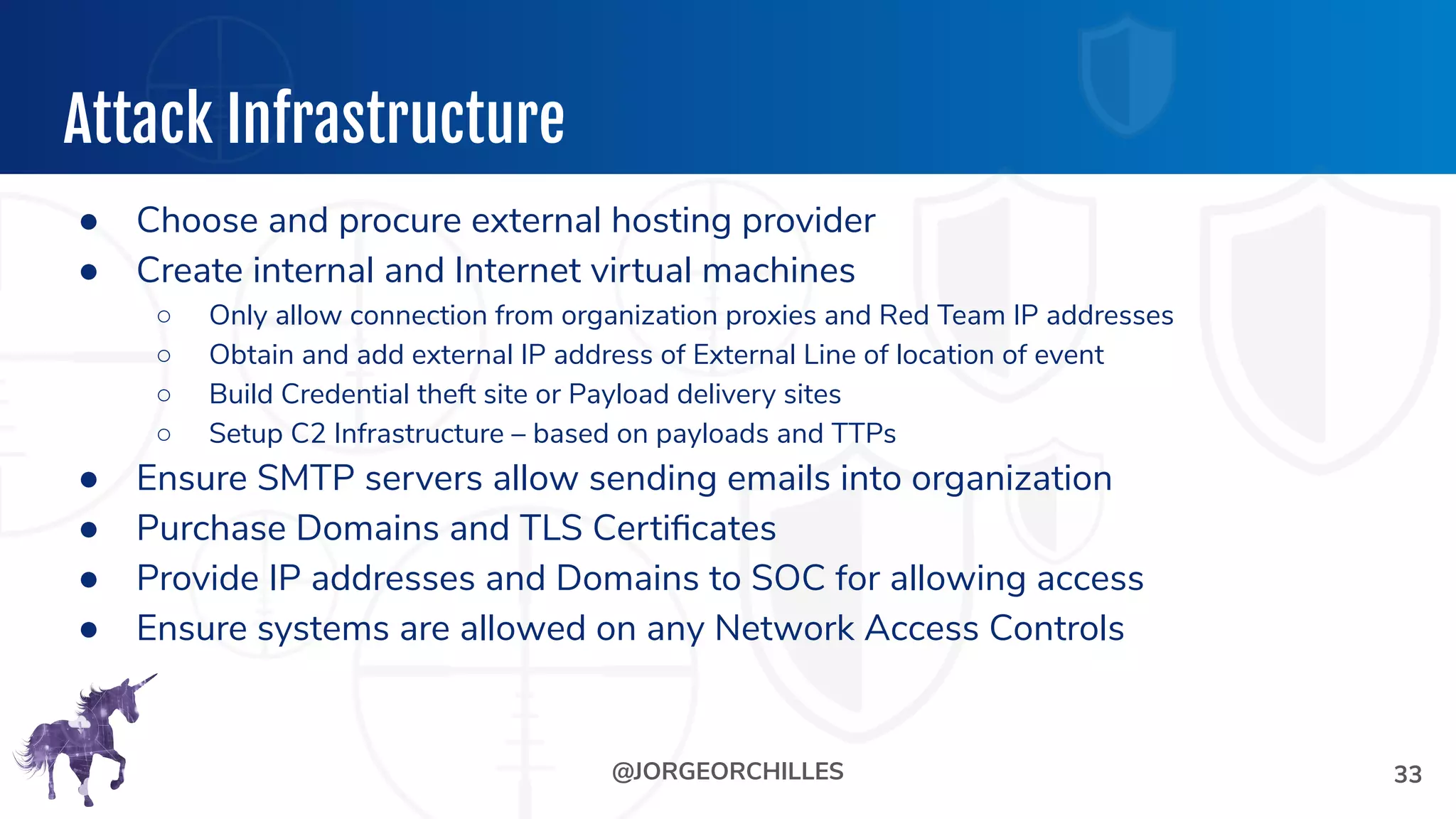 @JORGEORCHILLES
Attack Infrastructure
● Choose and procure external hosting provider
● Create internal and Internet virtual machines
○ Only allow connection from organization proxies and Red Team IP addresses
○ Obtain and add external IP address of External Line of location of event
○ Build Credential theft site or Payload delivery sites
○ Setup C2 Infrastructure – based on payloads and TTPs
● Ensure SMTP servers allow sending emails into organization
● Purchase Domains and TLS Certiﬁcates
● Provide IP addresses and Domains to SOC for allowing access
● Ensure systems are allowed on any Network Access Controls
33
 