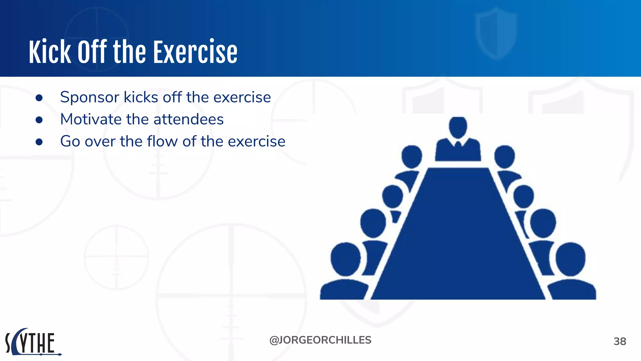 @JORGEORCHILLES
Kick Oﬀ the Exercise
● Sponsor kicks off the exercise
● Motivate the attendees
● Go over the ﬂow of the exercise
38
 