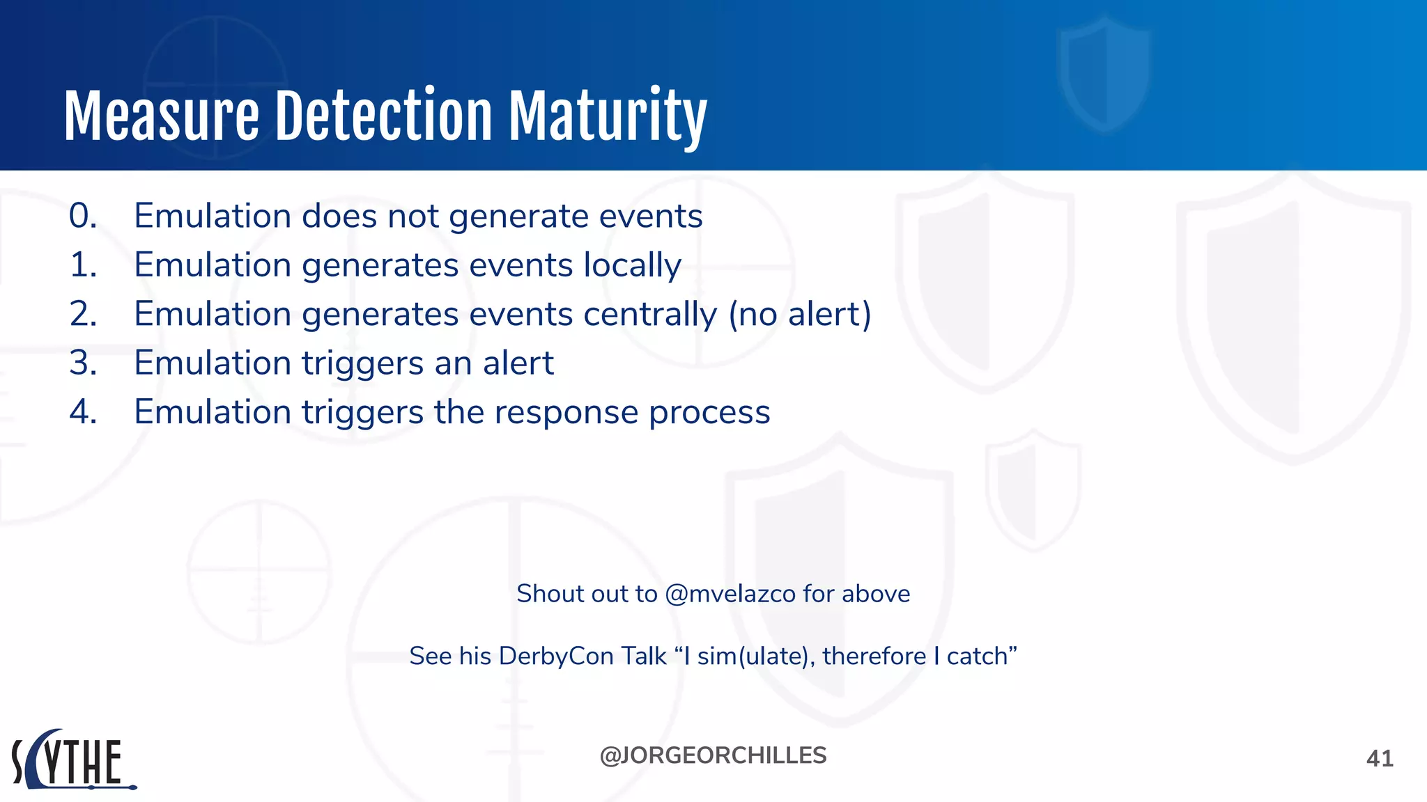 @JORGEORCHILLES
Measure Detection Maturity
0. Emulation does not generate events
1. Emulation generates events locally
2. Emulation generates events centrally (no alert)
3. Emulation triggers an alert
4. Emulation triggers the response process
41
Shout out to @mvelazco for above
See his DerbyCon Talk “I sim(ulate), therefore I catch”
 
