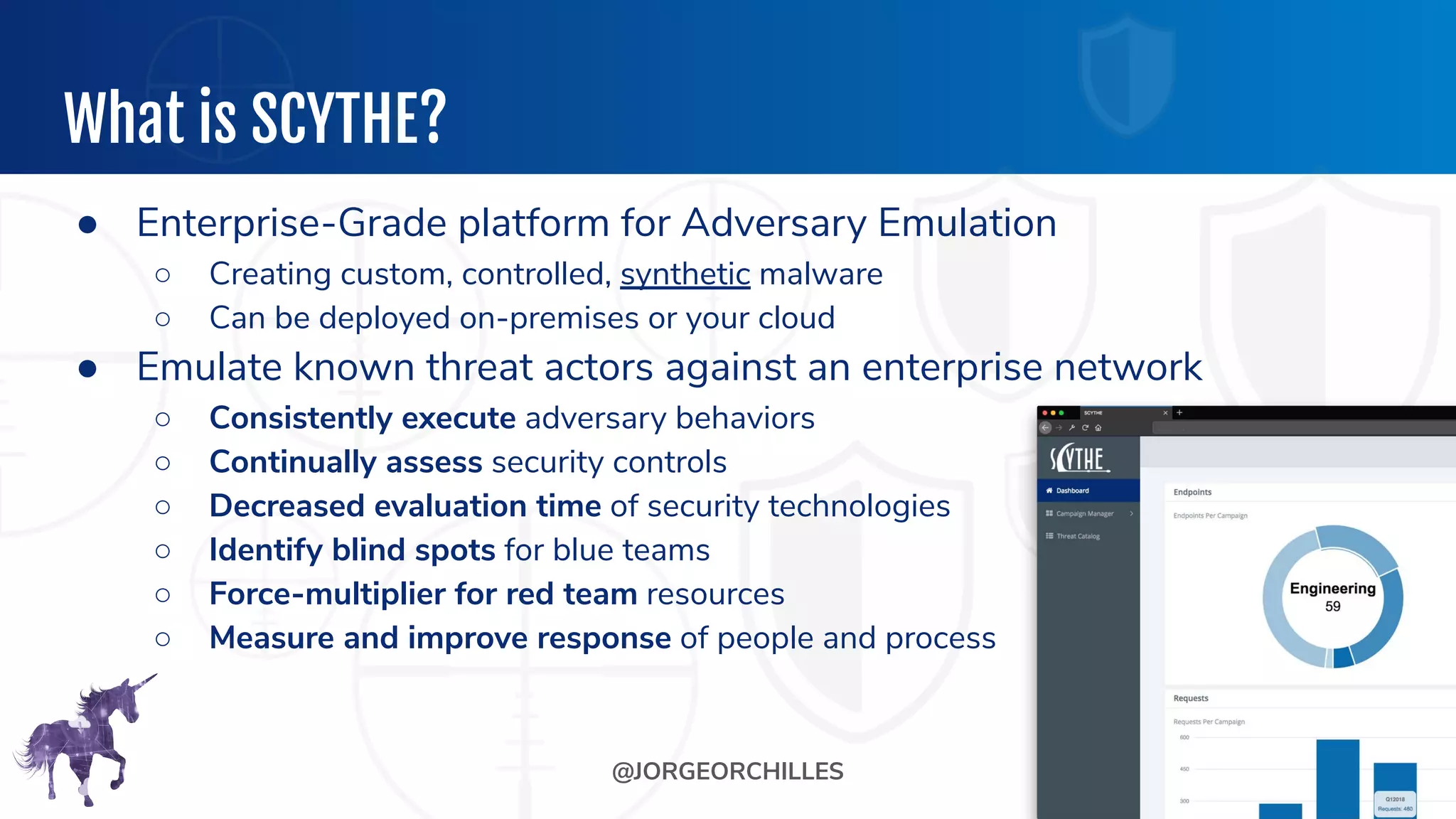 @JORGEORCHILLES
What is SCYTHE?
● Enterprise-Grade platform for Adversary Emulation
○ Creating custom, controlled, synthetic malware
○ Can be deployed on-premises or your cloud
● Emulate known threat actors against an enterprise network
○ Consistently execute adversary behaviors
○ Continually assess security controls
○ Decreased evaluation time of security technologies
○ Identify blind spots for blue teams
○ Force-multiplier for red team resources
○ Measure and improve response of people and process
47
 