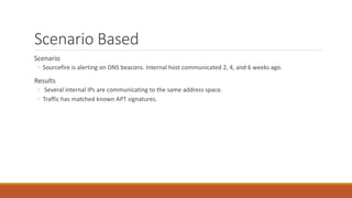 Scenario Based
Scenario
◦ Sourcefire is alerting on DNS beacons. Internal host communicated 2, 4, and 6 weeks ago.
Results
◦ Several internal IPs are communicating to the same address space.
◦ Traffic has matched known APT signatures.
 