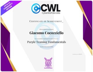 Certificate of Achievement_
This certificate is awarded to
Giacomo Cocozziello
For successfully completing the On-Demand Course
Purple Teaming Fundamentals
Issued on November 16,2023
Certificate no. 5f49eb12
 