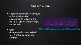 PurpleSharp
✘ Executes adversary techniques
within Windows AD
environments following the
MITRE ATT&CK Framework (47
supported).
✘ Goal:
Generate telemetry to build,
test & enhance detection
controls
https://github.com/mvelazc0/PurpleSharp
 