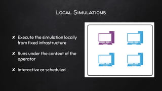 Local Simulations
✘ Execute the simulation locally
from ﬁxed infrastructure
✘ Runs under the context of the
operator
✘ Interactive or scheduled
 