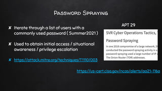 Password Spraying
✘ Iterate through a list of users with a
commonly used password ( Summer2021 )
✘ Used to obtain initial access / situational
awareness / privilege escalation
✘ https://attack.mitre.org/techniques/T1110/003
https://us-cert.cisa.gov/ncas/alerts/aa21-116a
APT 29
 