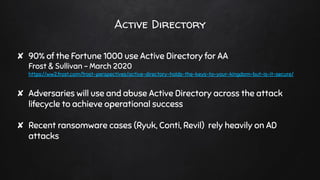 Active Directory
✘ 90% of the Fortune 1000 use Active Directory for AA
Frost & Sullivan - March 2020
https://ww2.frost.com/frost-perspectives/active-directory-holds-the-keys-to-your-kingdom-but-is-it-secure/
✘ Adversaries will use and abuse Active Directory across the attack
lifecycle to achieve operational success
✘ Recent ransomware cases (Ryuk, Conti, Revil) rely heavily on AD
attacks
 