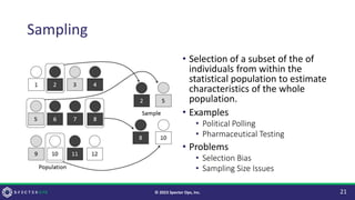 Sampling
• Selection of a subset of the of
individuals from within the
statistical population to estimate
characteristics of the whole
population.
• Examples
• Political Polling
• Pharmaceutical Testing
• Problems
• Selection Bias
• Sampling Size Issues
21
© 2023 Specter Ops, Inc.
 