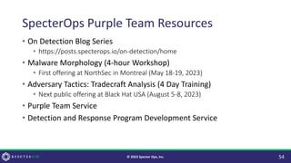 SpecterOps Purple Team Resources
• On Detection Blog Series
• https://posts.specterops.io/on-detection/home
• Malware Morphology (4-hour Workshop)
• First offering at NorthSec in Montreal (May 18-19, 2023)
• Adversary Tactics: Tradecraft Analysis (4 Day Training)
• Next public offering at Black Hat USA (August 5-8, 2023)
• Purple Team Service
• Detection and Response Program Development Service
54
© 2023 Specter Ops, Inc.
 