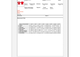 Product # Design ID Status
Season Product Type Collection
Generic Article Name Segment Family Brand
Grade
Measurements
Status
Approved
Size Category Size Range Sample Size
Grade Rule Spec #
Measurement Table
POINT OF MEASUREMENT 2-/20 3-/22 4-/24 5-/26 6-/26 8-/28 10-/30 12-/32
LENGTH 16 17 18 19 19 1/2 21 22 1/2 24
CHEST 12 3/4 13 1/2 14 1/4 15 15 1/2 16 17 18
SHOULDER 11 1/4 12 12 1/2 13 13 1/4 14 14 3/4 15 1/2
NECK OPENING 5 3/4 6 6 6 1/2 6 1/2 6 1/2 6 3/4 6 3/4
NECK DROP 2 5/8 2 3/4 2 3/4 3 3 3 3 1/4 3 1/4
ARM HOLE STRAIGHT 6 1/4 6 1/2 6 3/4 7 7 7 1/2 8 8 4/5
HALF SLEEVE LENGTH 5 5 1/2 6 6 1/2 6 1/2 7 7 1/2 8 1/2
H/S OPENING 9 1/2 10 10 1/2 11 11 1/4 11 3/4 12 1/4 12 3/4
TSHIRTS
GBTS GBTS-276
SUMMER2010 BIG 20X32 24
GIRAFFECASUAL WEARURBAN CITY EXTREME
1A
1B
1C
1D
1E
1F
1G
1H
 