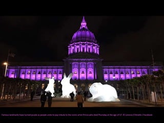 Famous landmarks have turned purple as people unite to pay tribute to the iconic artist Prince who died Thursday at the age of 57. © Lorenzo D'Aniello / Facebook
 