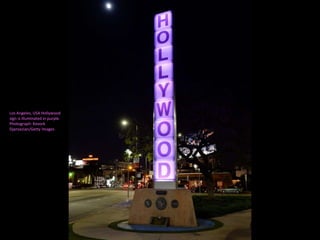 Los Angeles, USA Hollywood
sign is illuminated in purple.
Photograph: Kevork
Djansezian/Getty Images
 
