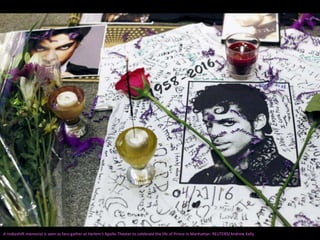 A makeshift memorial is seen as fans gather at Harlem's Apollo Theater to celebrate the life of Prince in Manhattan. REUTERS/Andrew Kelly
 