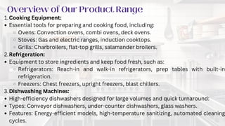 IMPORTANCE OF QUALITY
COMMERCIAL KITCHEN
EQUIPMENT
Overview of Our Product Range
Cooking Equipment:
1.
Essential tools for preparing and cooking food, including:
Ovens: Convection ovens, combi ovens, deck ovens.
Stoves: Gas and electric ranges, induction cooktops.
Grills: Charbroilers, flat-top grills, salamander broilers.
Refrigeration:
2.
Equipment to store ingredients and keep food fresh, such as:
Refrigerators: Reach-in and walk-in refrigerators, prep tables with built-in
refrigeration.
Freezers: Chest freezers, upright freezers, blast chillers.
Dishwashing Machines:
3.
High-efficiency dishwashers designed for large volumes and quick turnaround:
Types: Conveyor dishwashers, under-counter dishwashers, glass washers.
Features: Energy-efficient models, high-temperature sanitizing, automated cleaning
cycles.
 