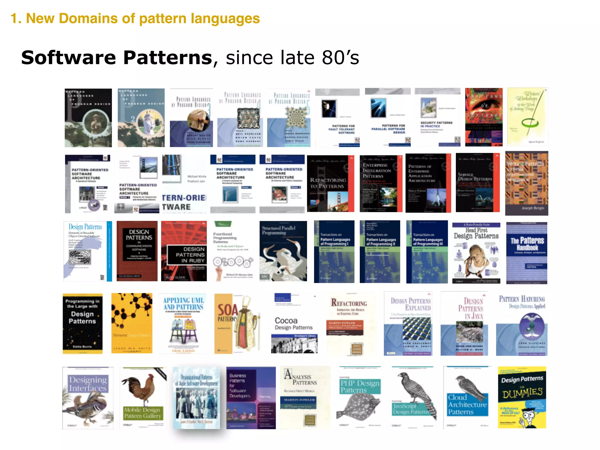 Software Patterns, since late 80’s
1. New Domains of pattern languages
 