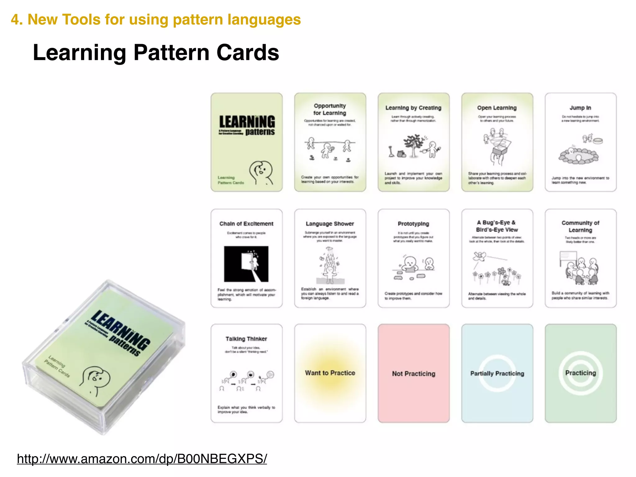 Learning Pattern Cards
http://www.amazon.com/dp/B00NBEGXPS/
4. New Tools for using pattern languages
 