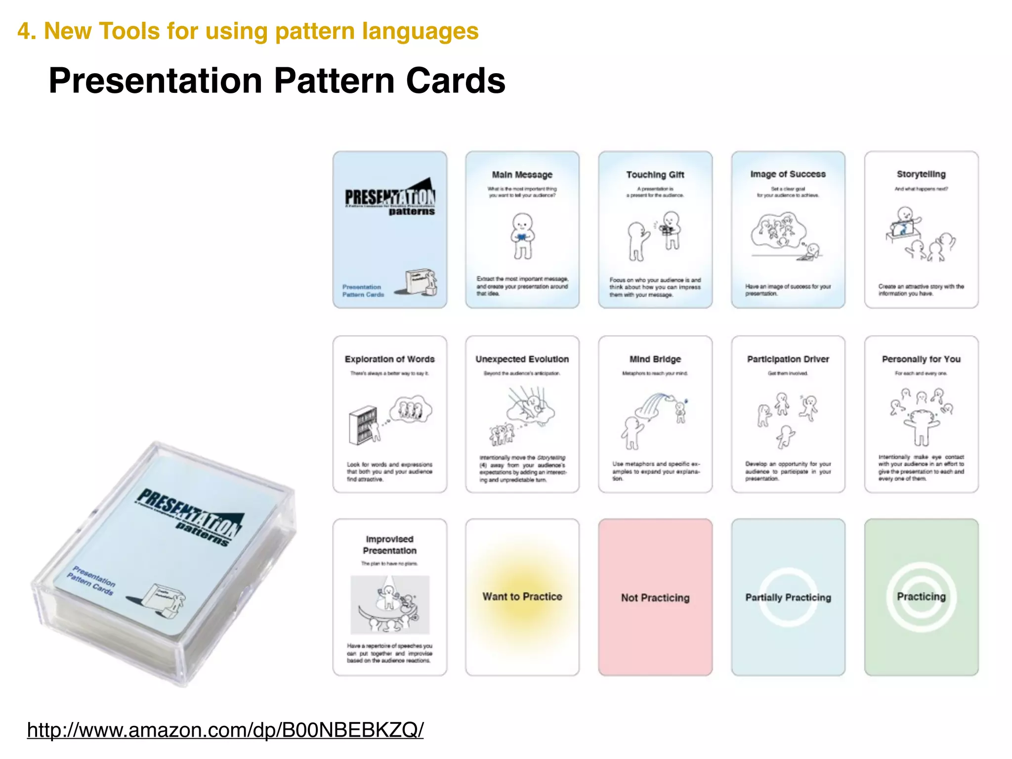 Presentation Pattern Cards
http://www.amazon.com/dp/B00NBEBKZQ/
4. New Tools for using pattern languages
 