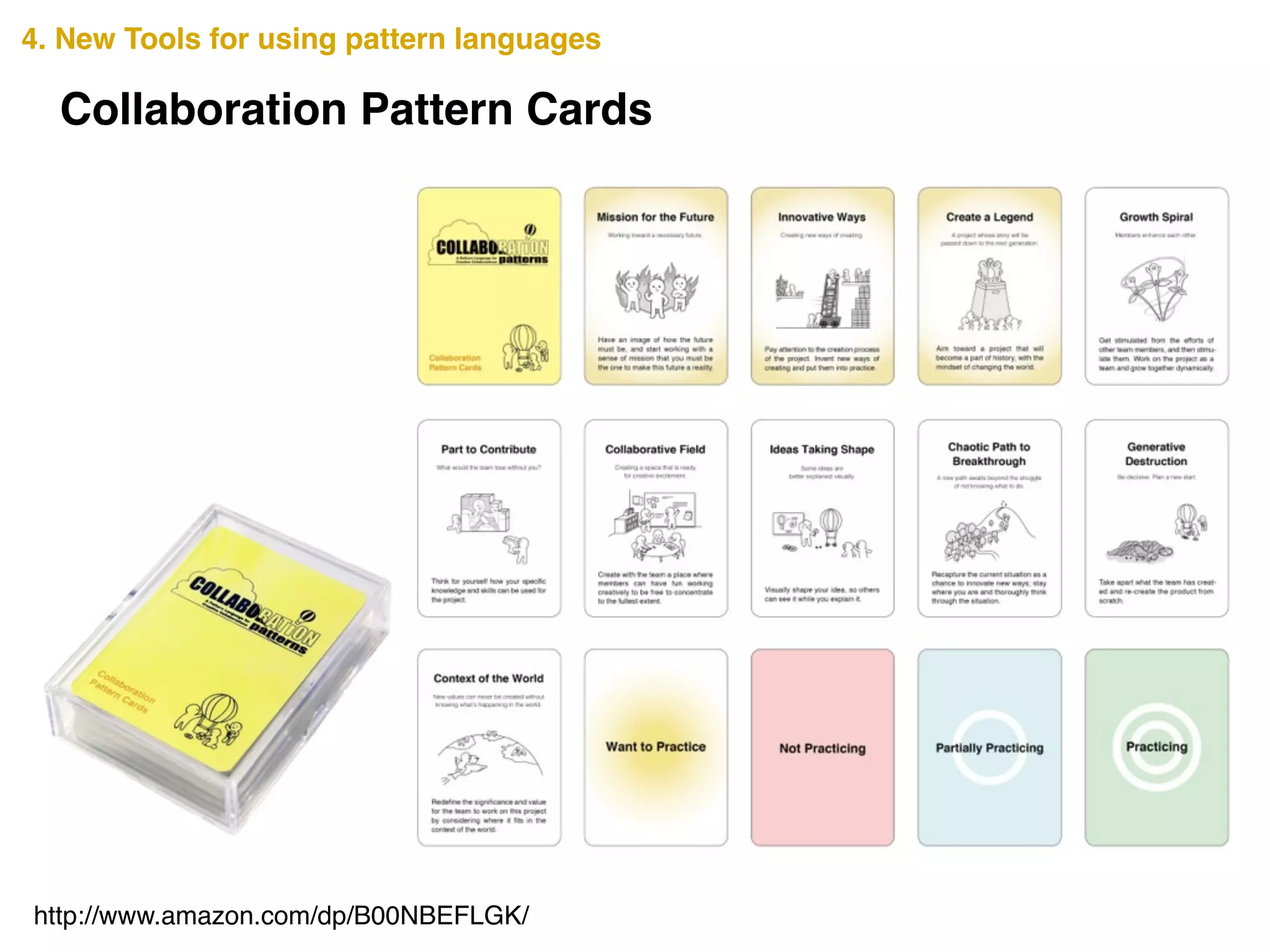 Collaboration Pattern Cards
http://www.amazon.com/dp/B00NBEFLGK/
4. New Tools for using pattern languages
 